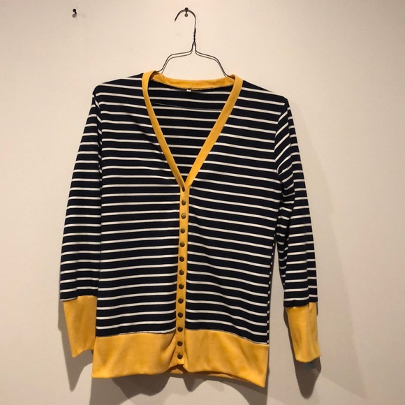 Sweaters - Navy Blue and Yellow Striped Cardigan